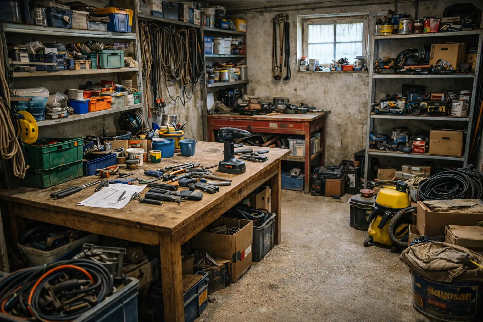 Chaotisches Lager mit unorganisierten Materialien und fehlender Übersicht